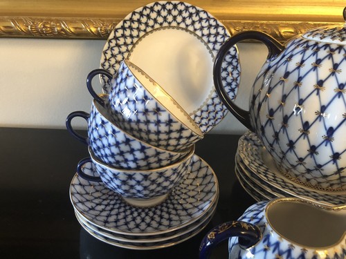 New Russian Imperial Lomonosov Porcelain Tea Set 6/21 Cobalt Net