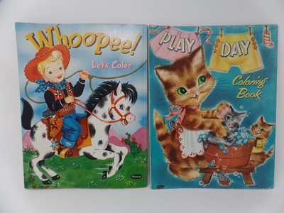 Vintage Coloring Books Whitman 1951 Play Day & 1954 Western Whoopee!