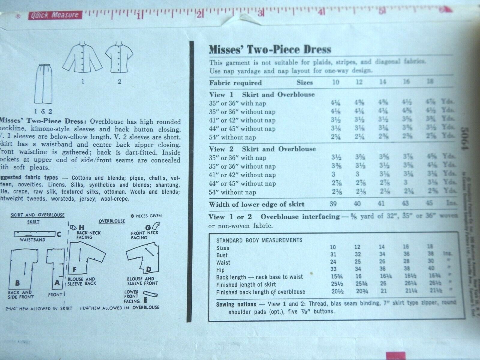 Vtg.Simplicity Sewing Pattern 5064 Misses Two-Piece Dress Size 18 Uncut