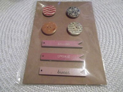 Wood Embellishments 7 pcs.  4 Round Buttons, 3 Banners NIP Crafts Scrapbooking