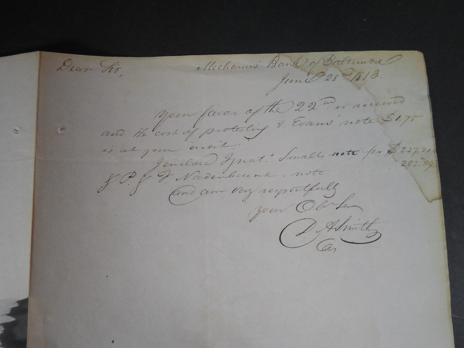 1813 BALTIMORE MARYLAND MECHANIC'S BANK LETTER HISTORICAL PAPER EPHEMERA