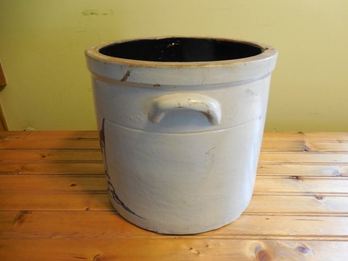 2-Gallon Antique Stoneware Pottery Crock with Cobalt Blue Bird Decoration