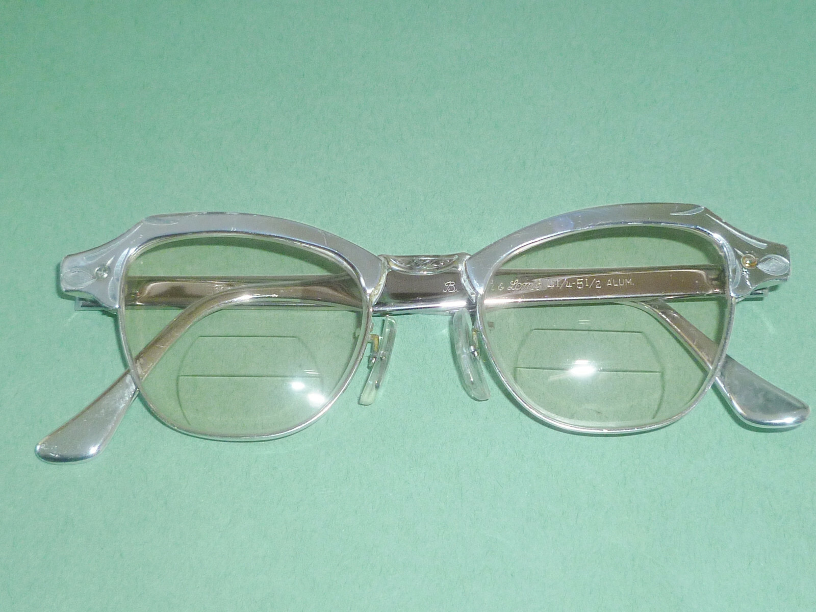 Bausch & Lomb Cateye Vintage Eyeglasses B & L 12K GF Silver Tone Alum Etched