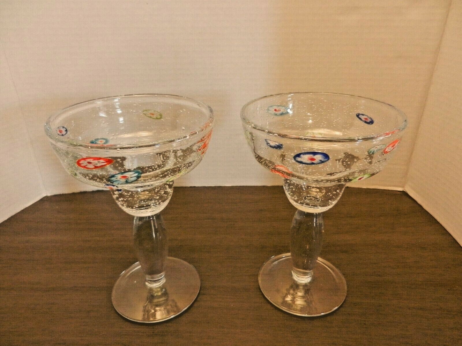 Millefiori Bubble Glass Margarita Glasses - Set of 2 Hand Blown 6 3/4