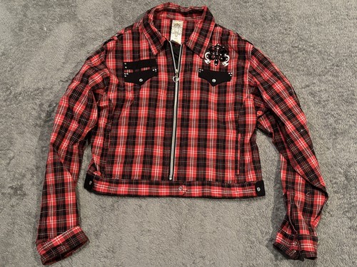 Raw Blue Jacket Girls Small Plaid Crop Red Black Embellished