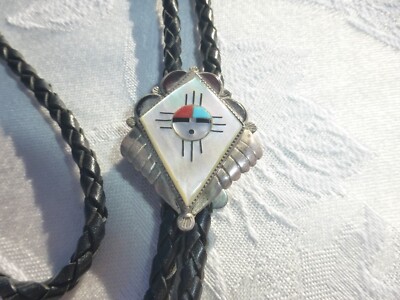 WONDERFUL MOSAIC MOTHER OF PEARL ZUNI NATIVE AMERICAN STERLING SILVER BOLO TIE