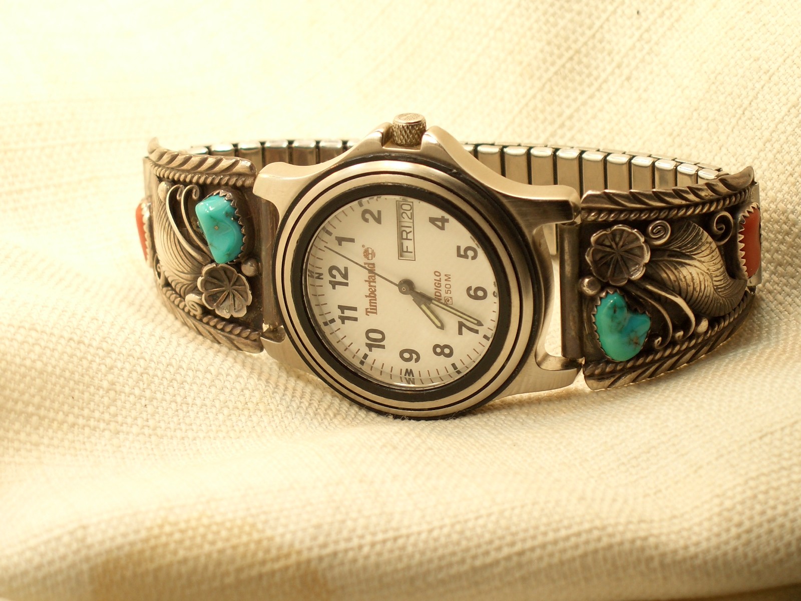 Vintage Sterling Native American Turquoise Coral Timberland Watch W. Denet Dale