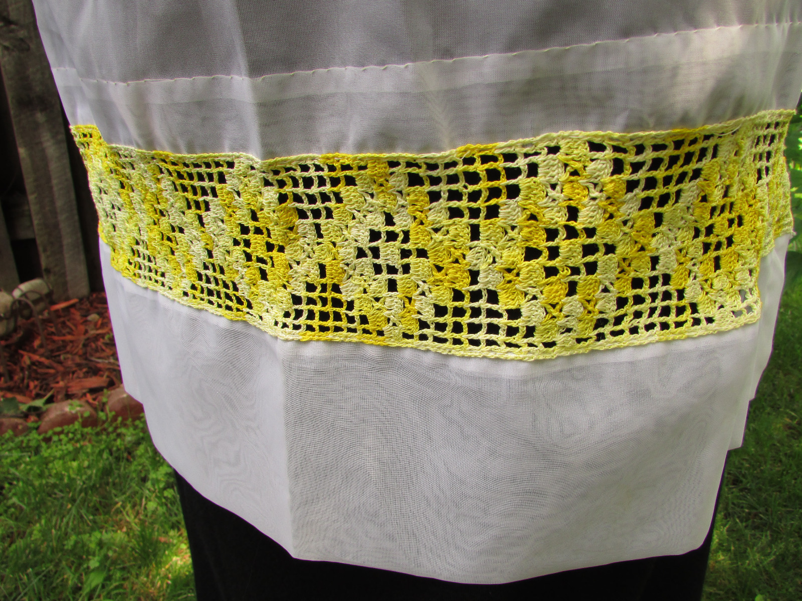 Vintage White Organdy Half Apron with Yellow Crochet