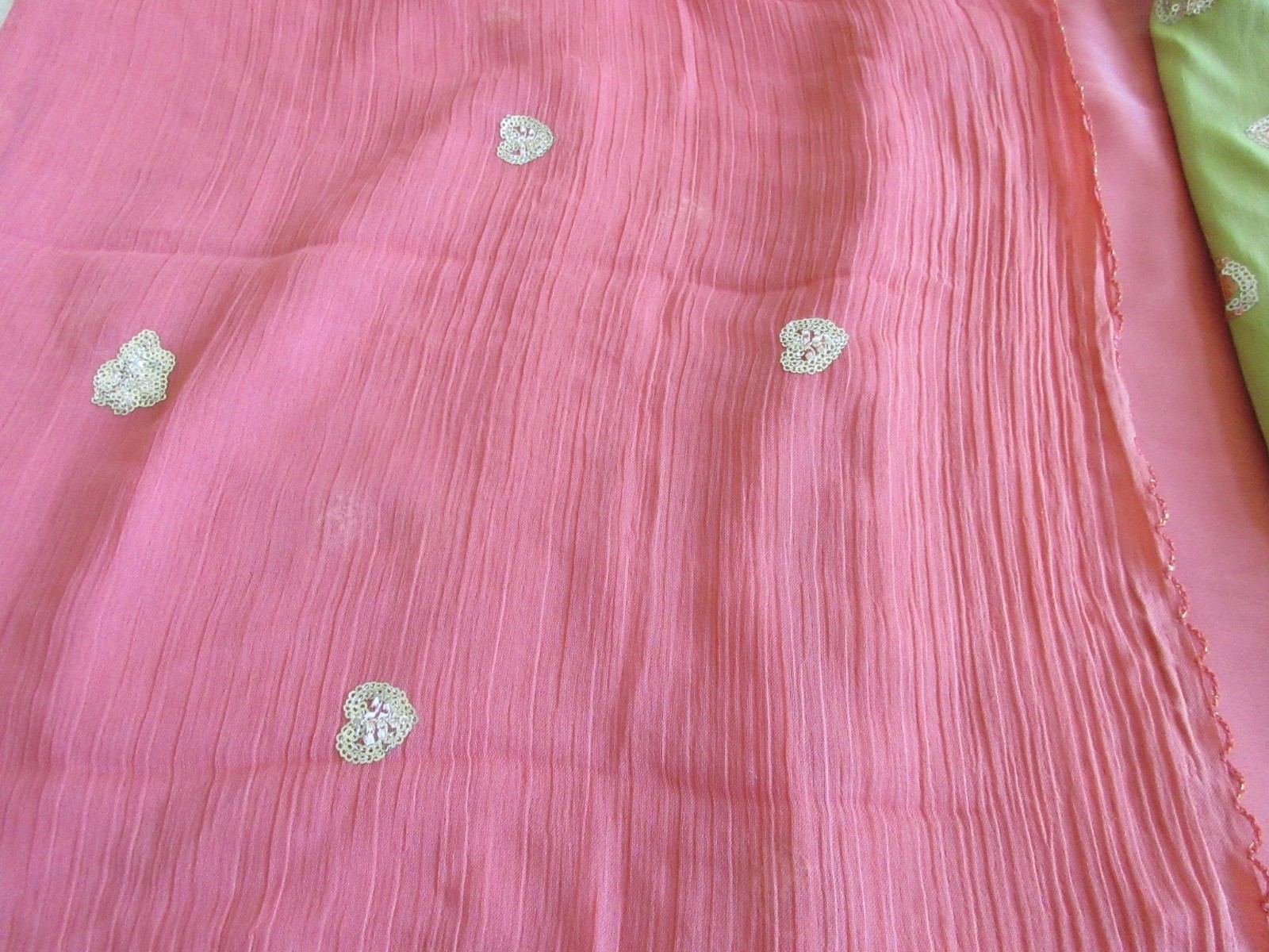 brandnew  3 piece unstiched green orange pure crape gold design  kam dup salwar