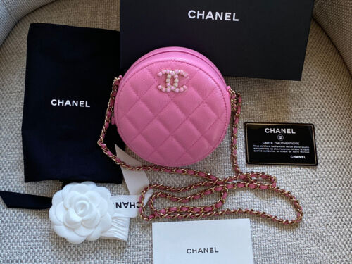 NIB 21P 100%AUTH Chanel Rose Pink Caviar Leather Round Mini Bag