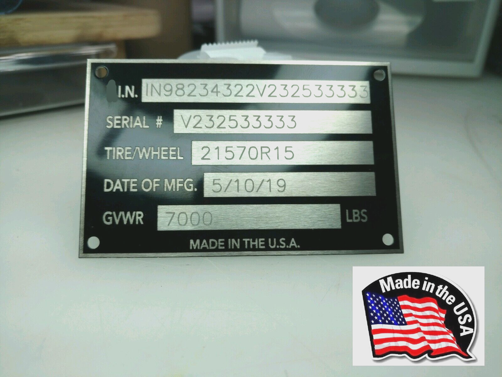 ENGRAVED 5 LINE TRAILER ID DATA PLATE NUMBER DATA TAG NAMEPLATE