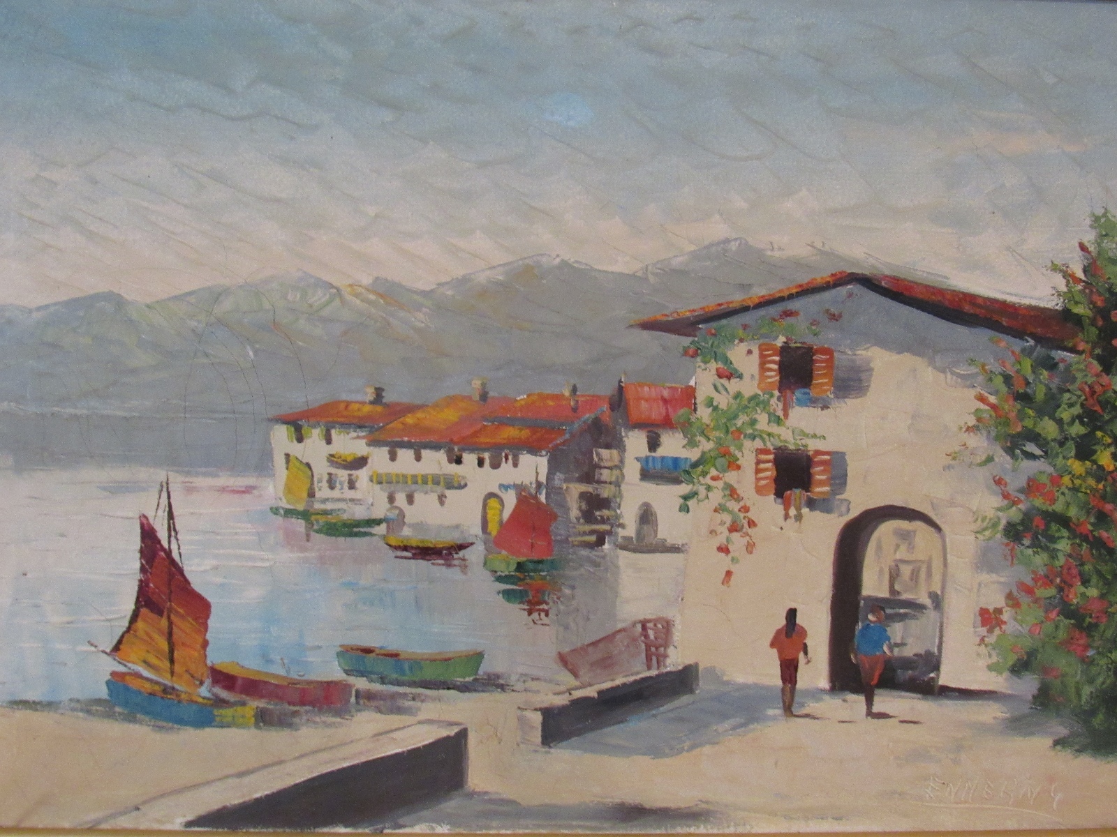  IMPRESSIONISM HARBOR SCENE OIL PAINTING WITH BOATS, MOUNTAIN, LAKE 1960s SIGNED