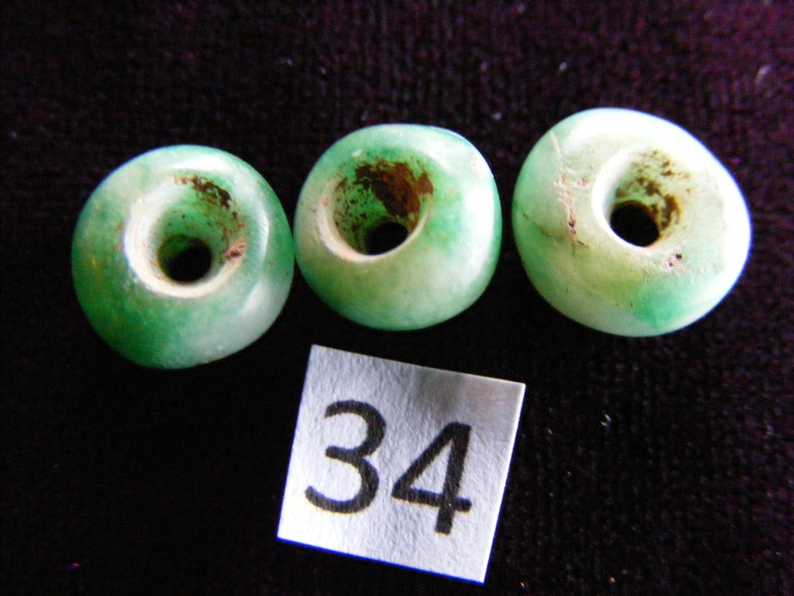 3 Pre Columbian Natural Green Jade Mayan Hand Carved Round Beads(B34)