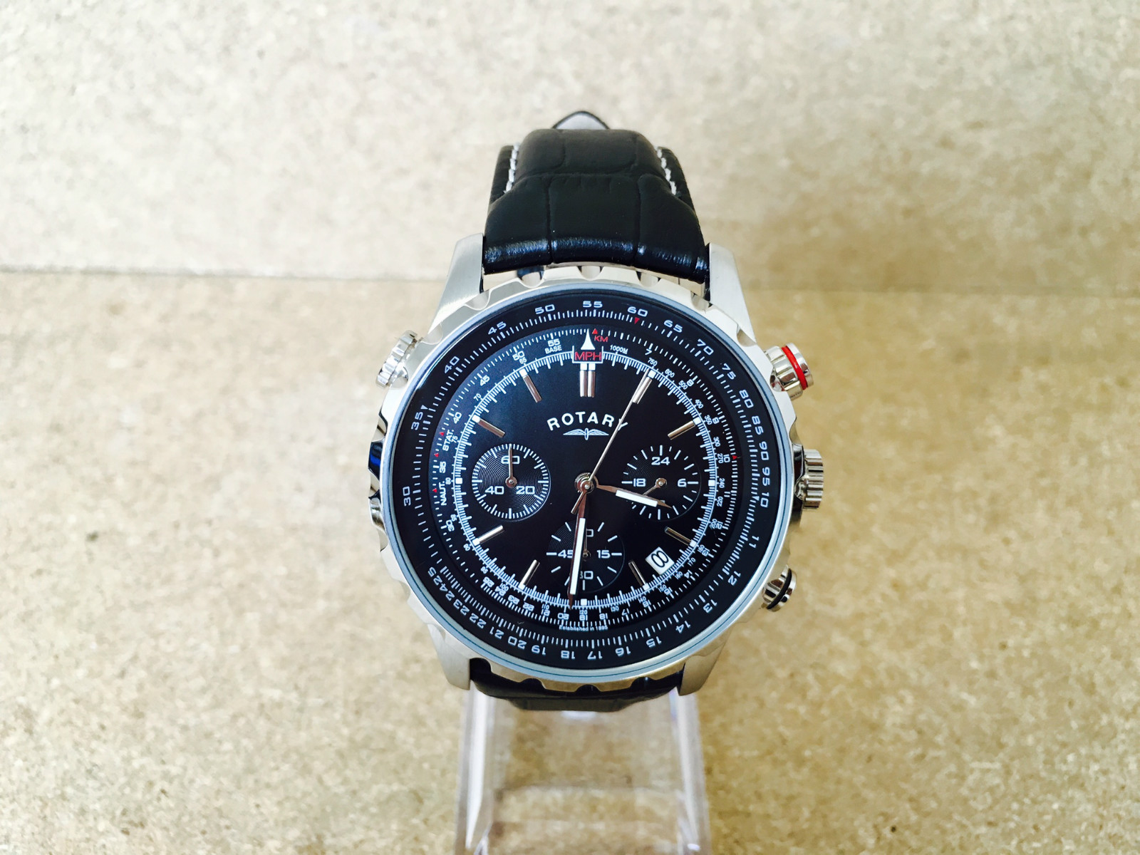 rotary men's stainless steel pilot style chronograph watch