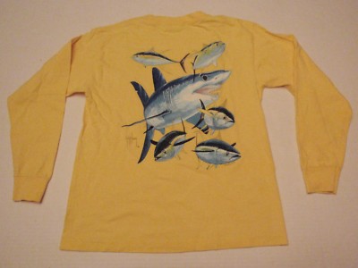 Guy Harvey Yellow Long Sleeve Shirt Boys Large Mako Shark and Tuna