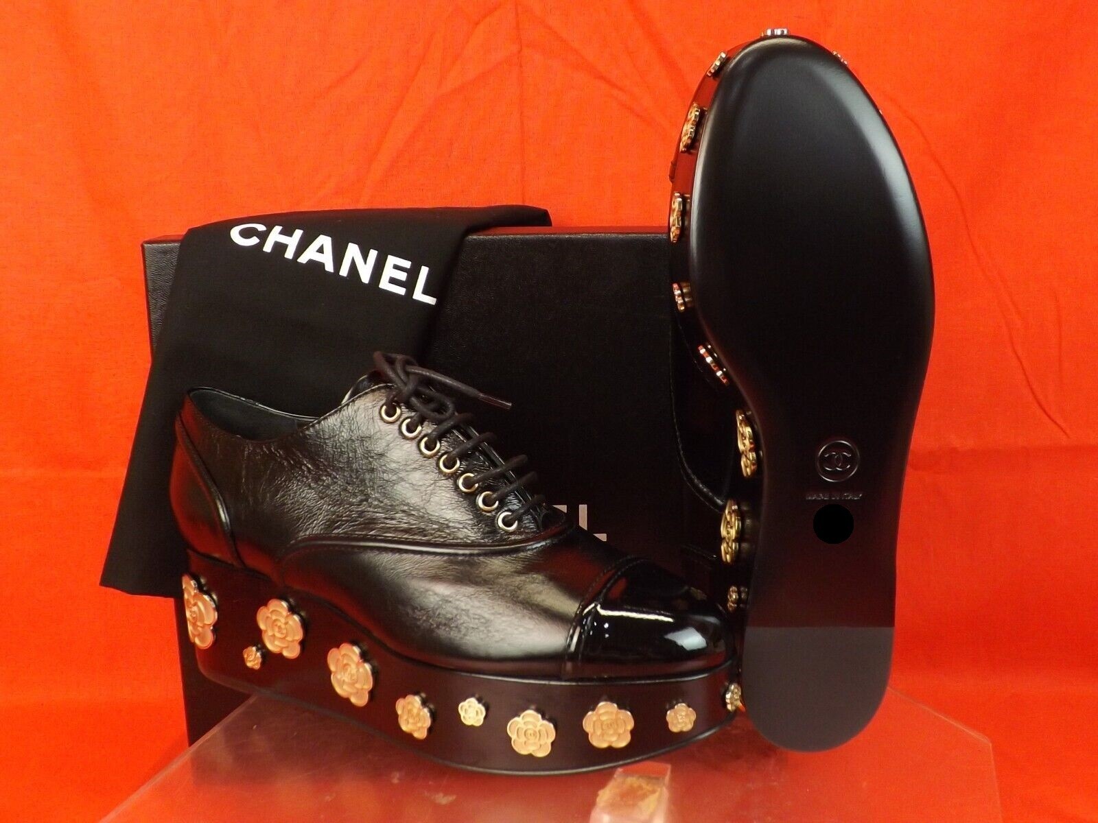 Pre-owned Chanel Black Leather Camellia Cc Platform Cap Toe Lace Up Oxfords 39