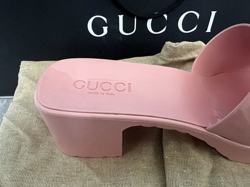 Pre-owned Gucci Women's Block Heel Platform Logo Slide Sandals Pink Rubber Slip On 39