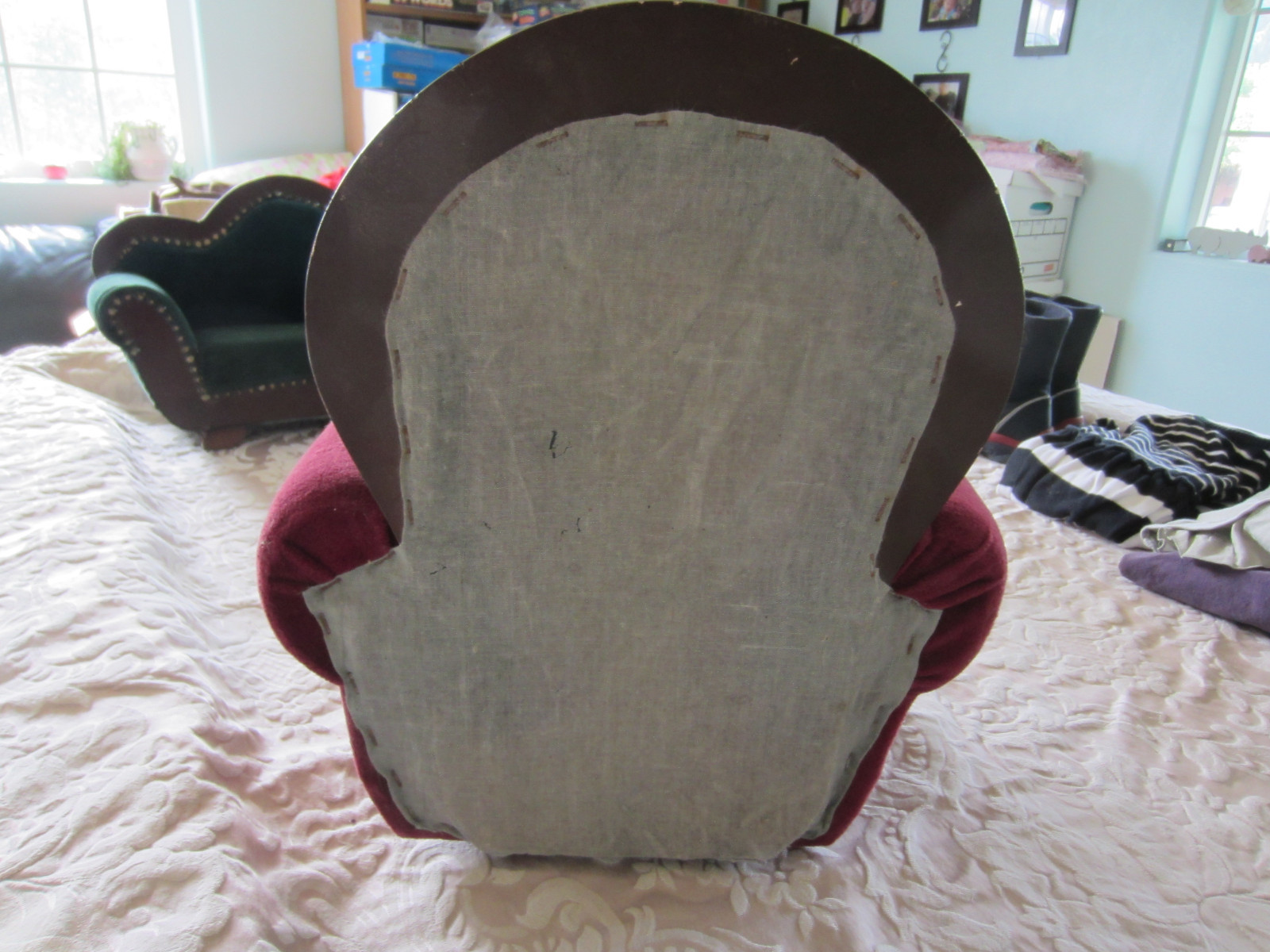 Vintage Doll Chair Dark Red wood and velvet or velour Antique VERY RARE