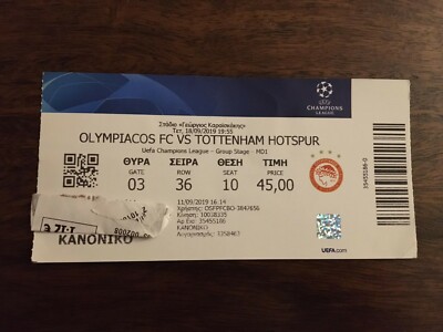 TICKET UCL 2019 - 2020 Olympiakos fc vs Tottenham hotspur spurs