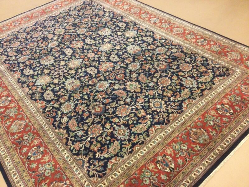 9’ X 12’ Navy Blue Rust Traditional Floral Hand Knotted All-over Oriental Rug