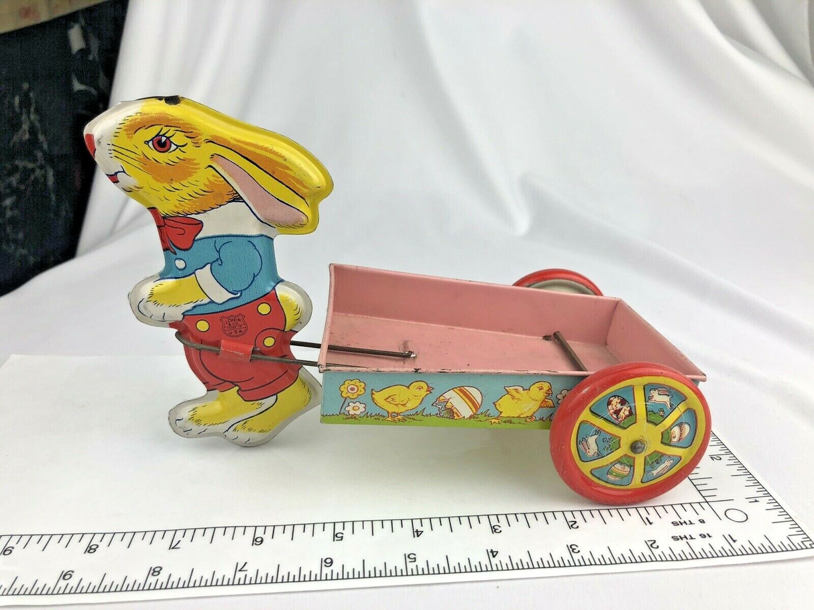 VINTAGE ORIGINAL CLASSIC J. CHEIN & CO. U.S.A. EASTER BUNNY PULLING CART Litho