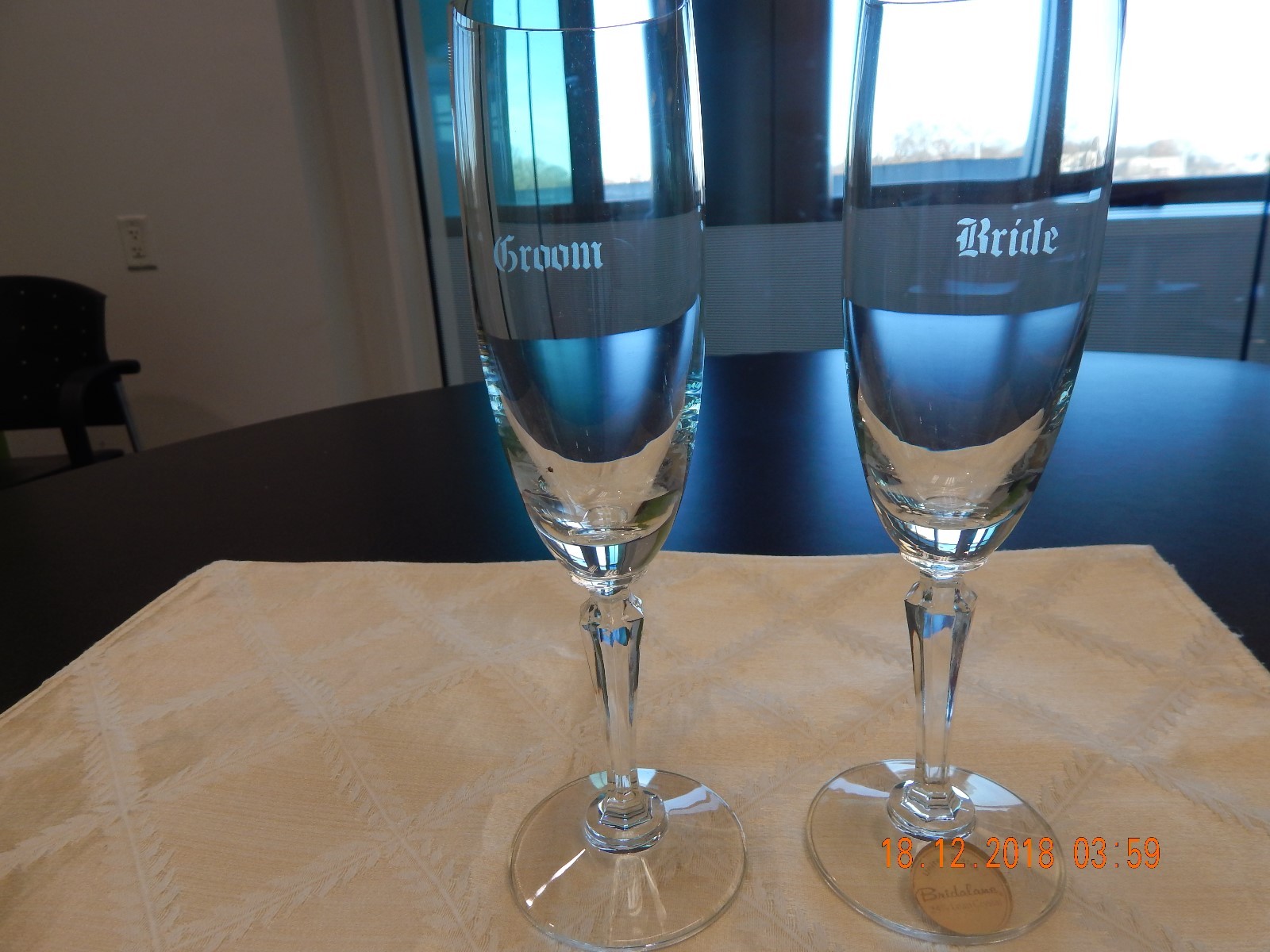 Vintage Bride and Groom lettered wedding toast champagne glasses