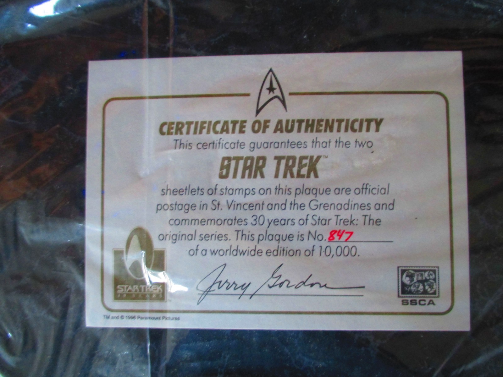 Star Trek Commemorative Plaque with Sheetlets of Stamps Official St. Vincent and