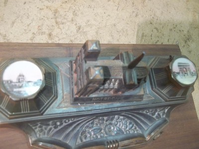 Old Notre Dame Desk Set for Inkwells?  has Walnut Base Paris Scenes