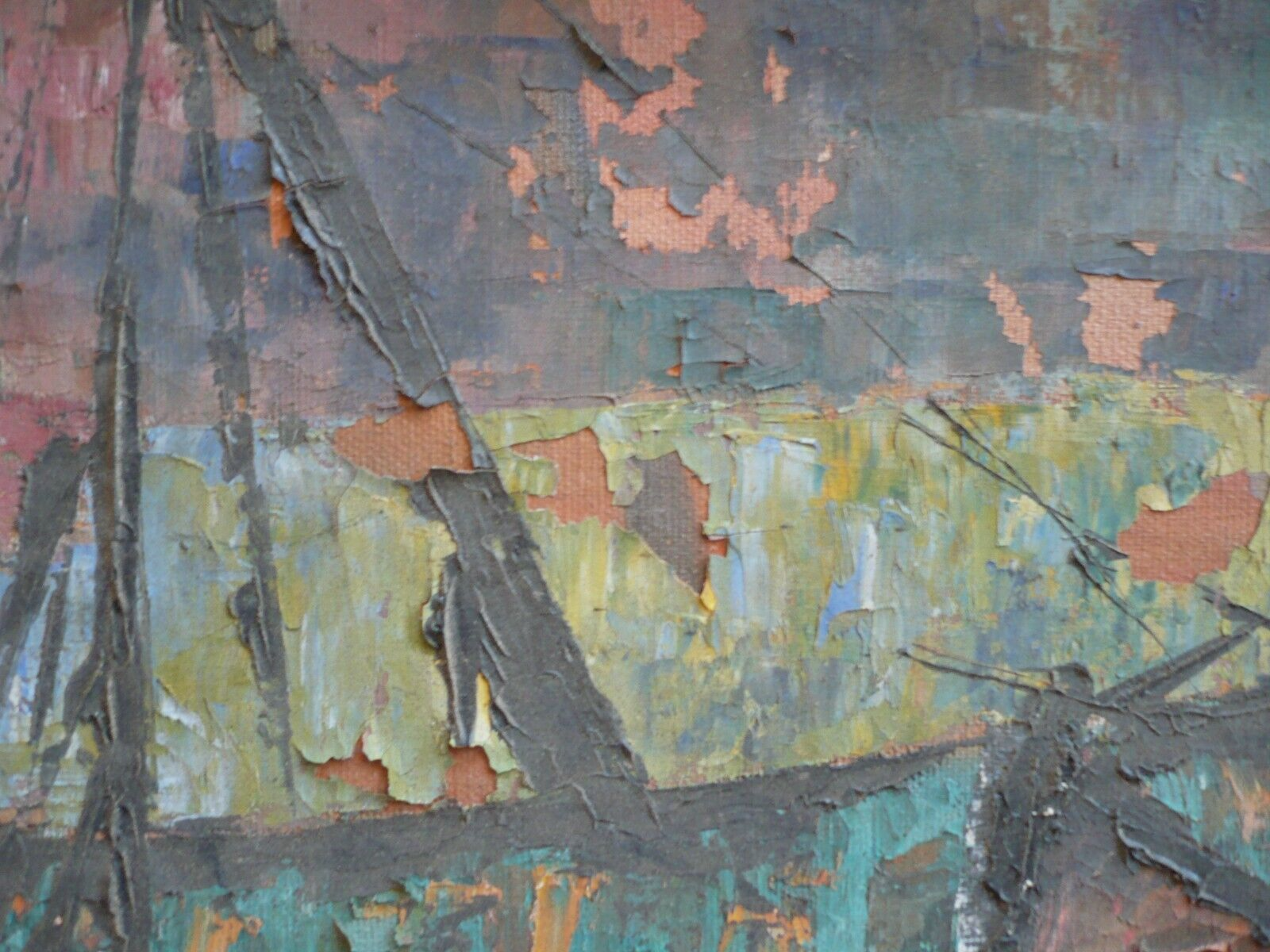 MYSTERY OLD ART - NEEDS RESTORATION, MODERN SEMI ABSTRACTION BOATS COLORFUL OIL