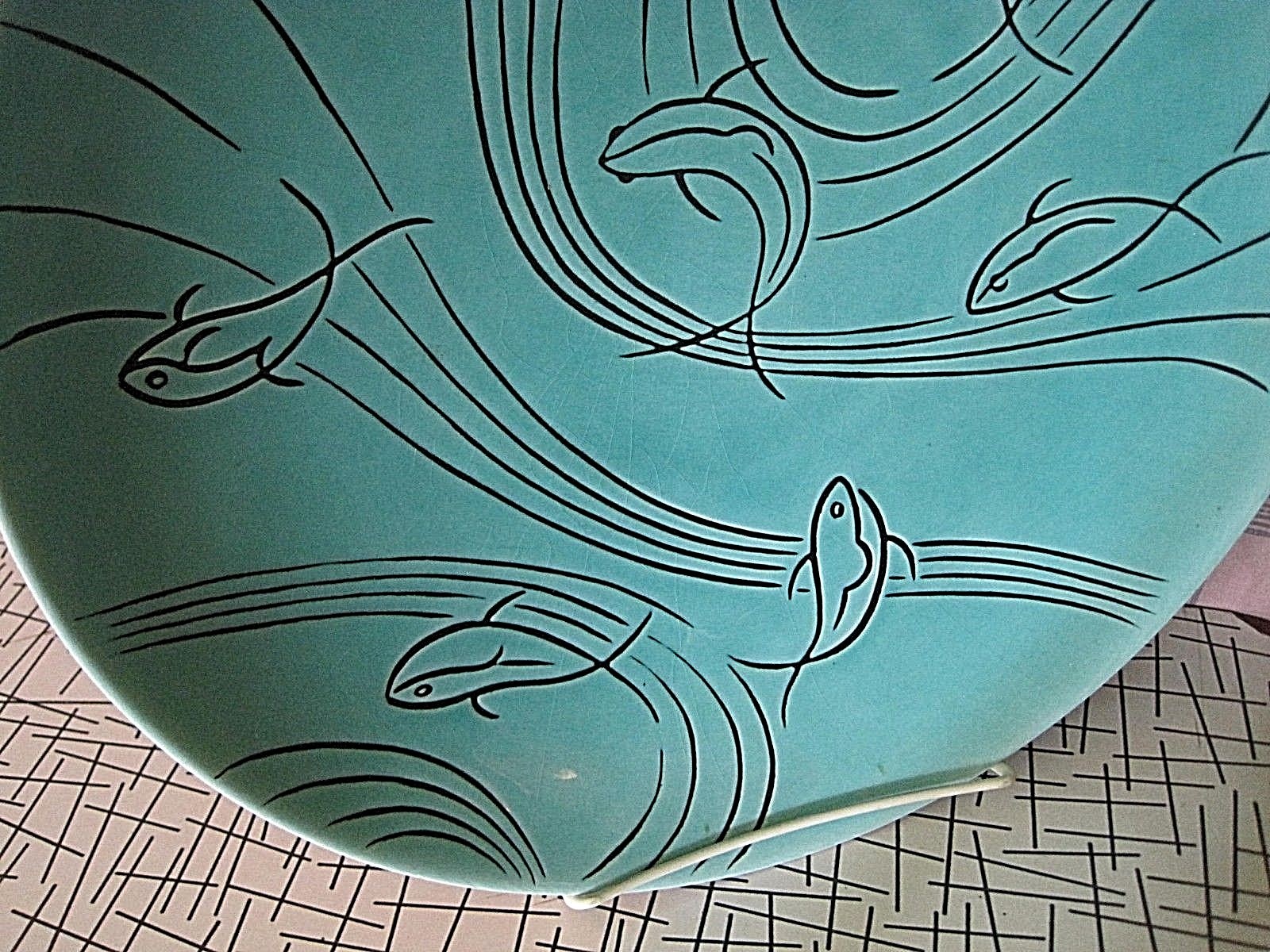 LARGE RETRO1950'S STYLE DECORATIVE BOWL AQUA COLOR WITH DOLPHINS, 14