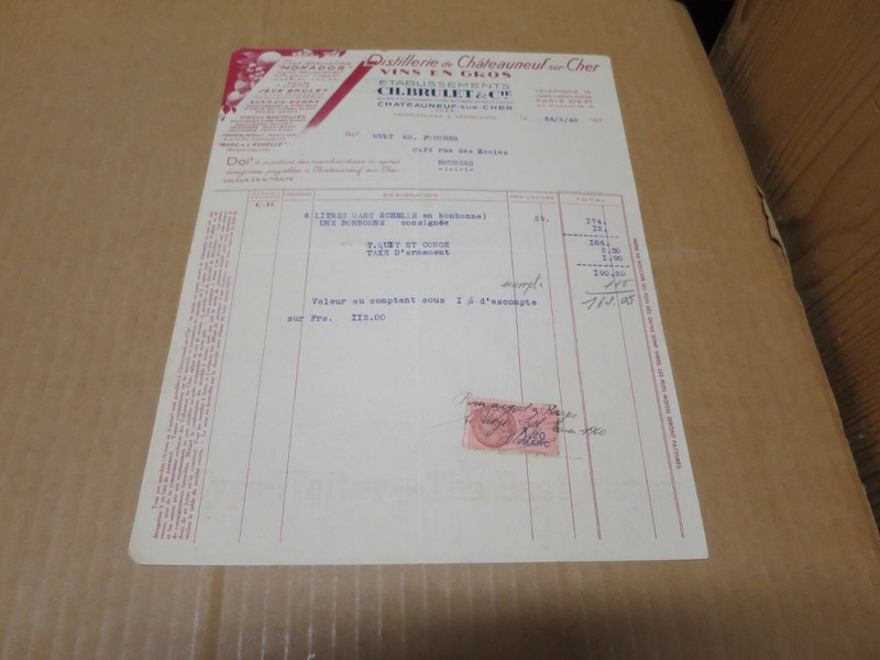 Distillerie Vins Facture Brulet Et Cie Chateauneuf Sur Cher (18) 1940
