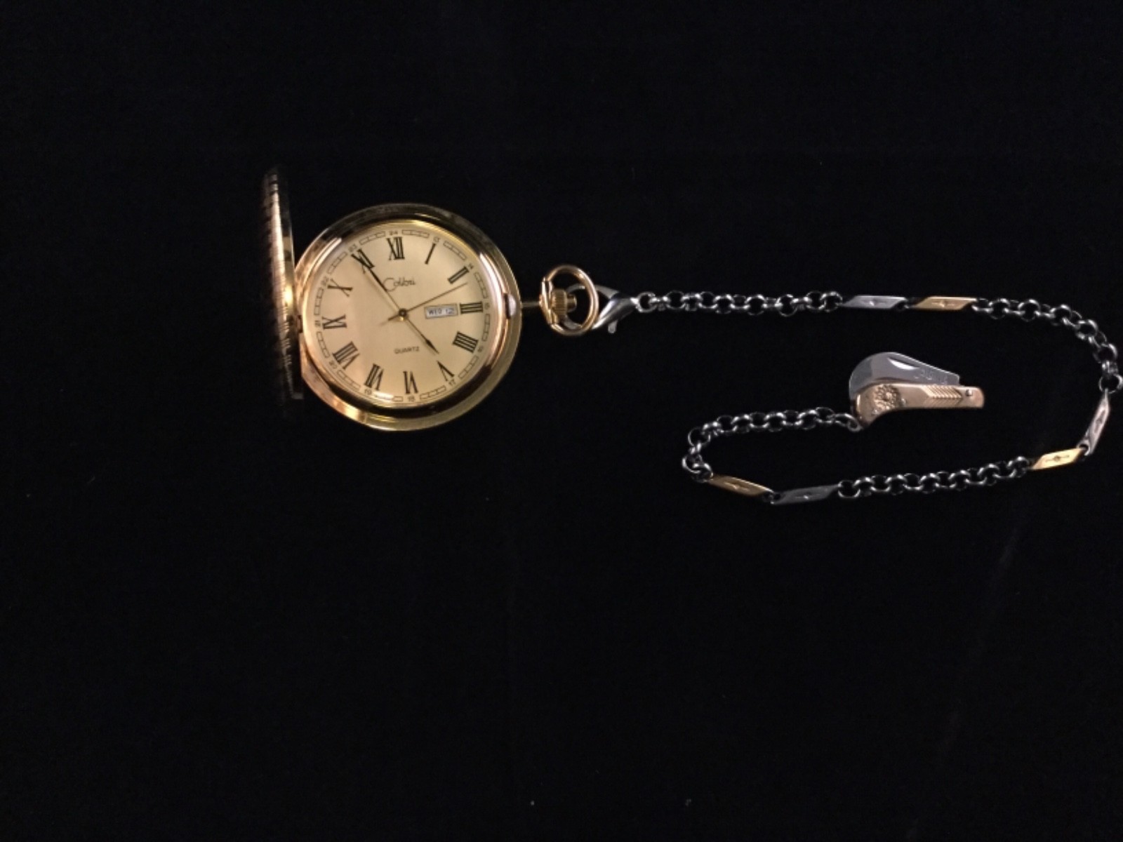 Working Gold Tone Pocket Watch With Two Tone Chain and knife fob