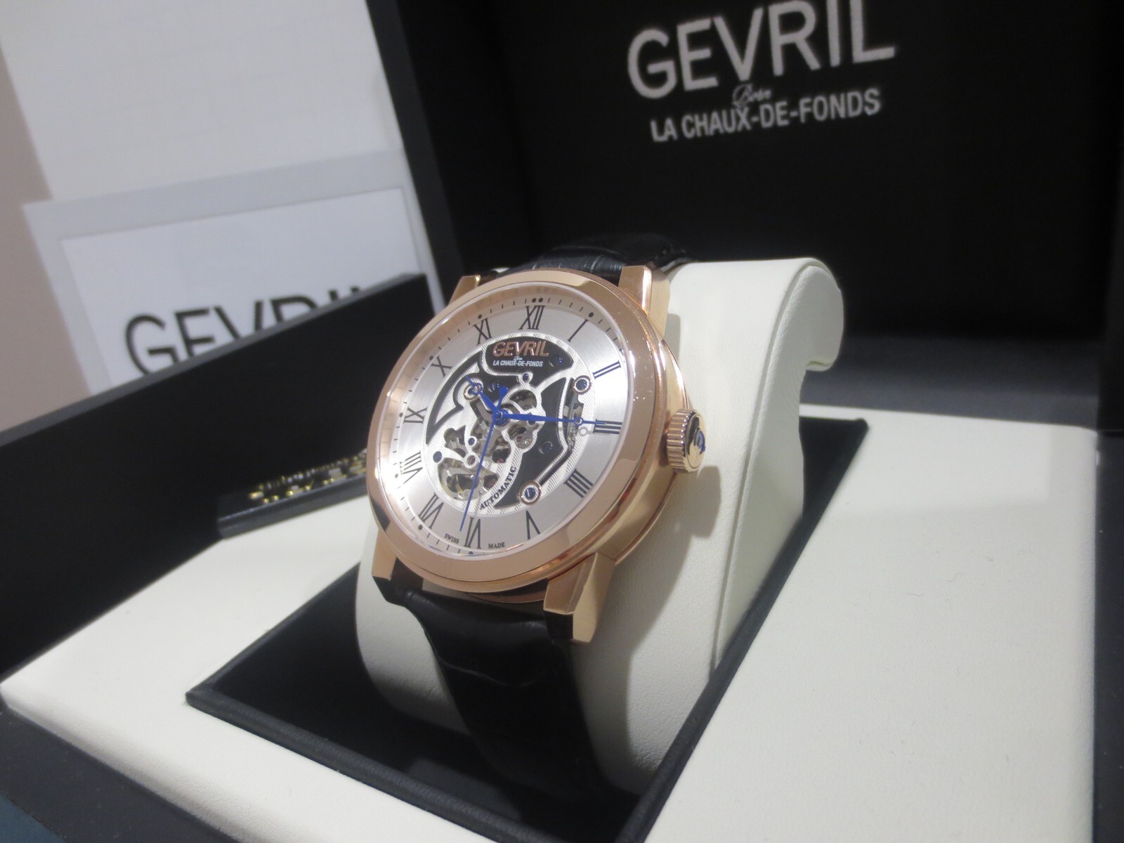 Pre-owned Gevril Men's 2694 Vanderbilt Swiss Automatic Rose Gold Open Heart Leather Watch