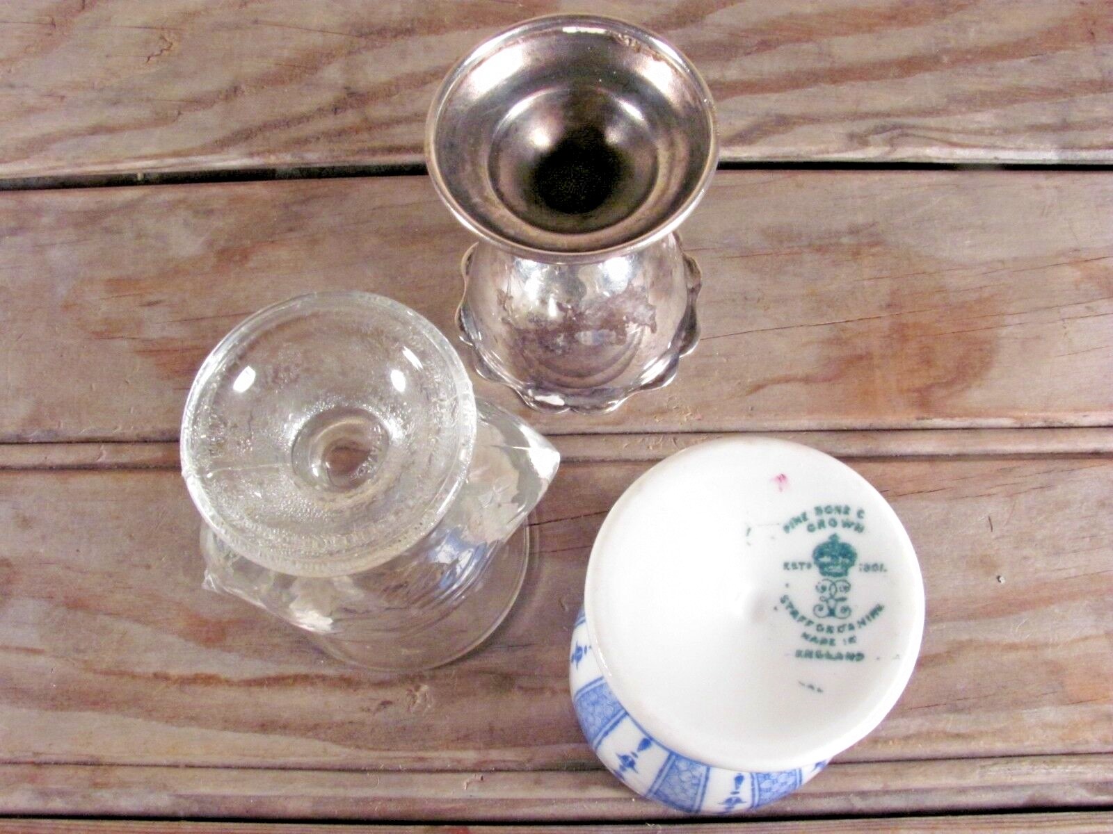 VTG egg cup lot mix & match glass chicken silver metal blue white porcelain rose