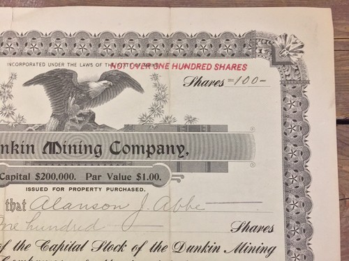 Dunkin Mining Company Stock Certificate Maine 1916 100 Shares