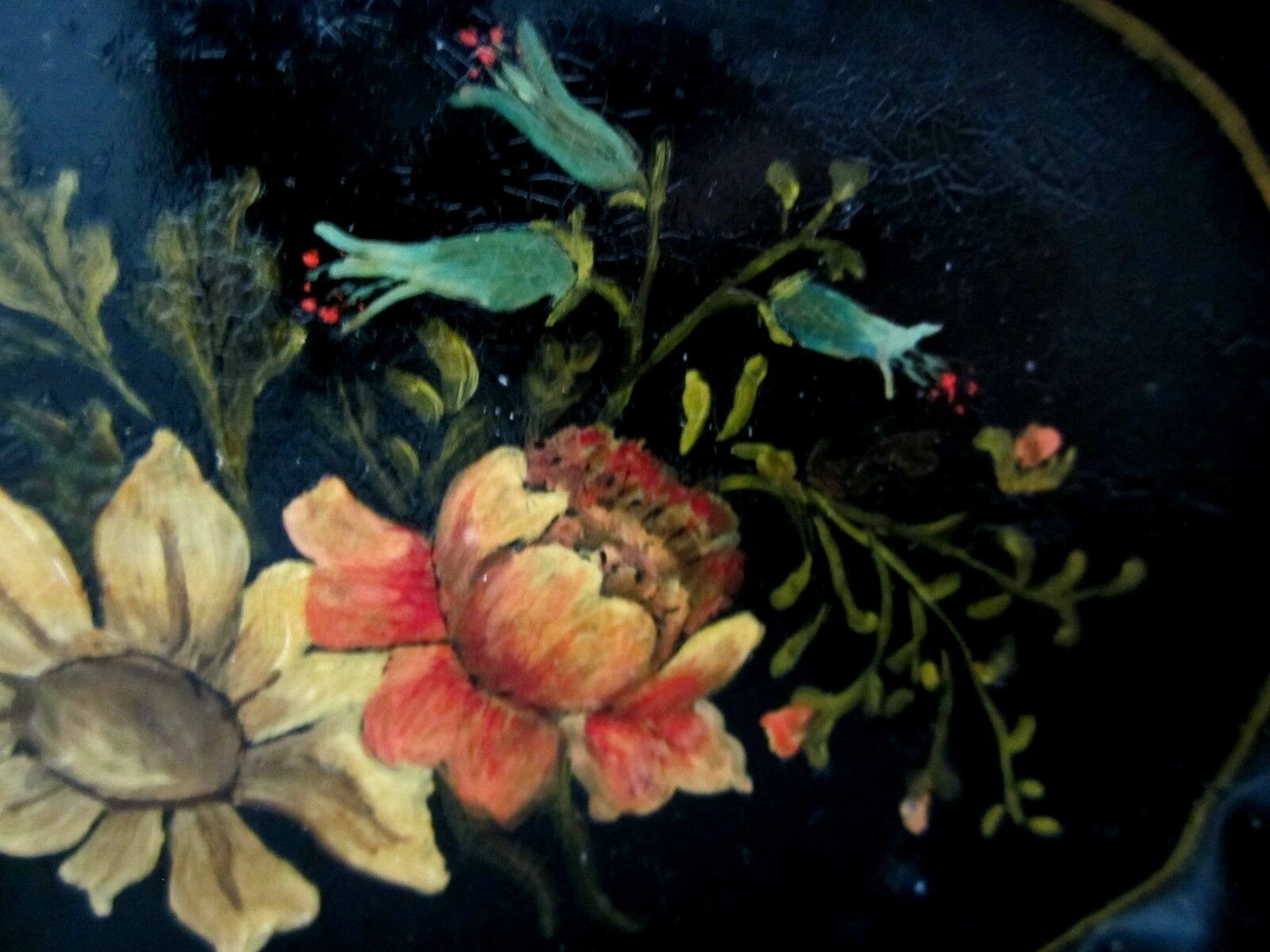 VINTAGE ANTIQUE HAND PAINTED OVAL SMALL / MINI TOLE TRAY - FLOWERS