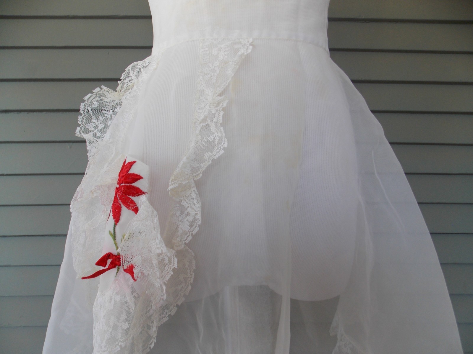 Vintage Christmas Handmade White Sheer Half Apron with Poinsettia on Pocket