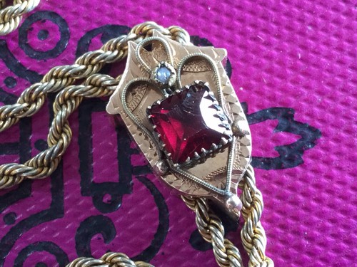 Antique vtg gold filled watch chain~large slide w pearl & red stone early 1900