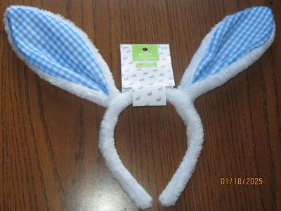 BRAND NEW 6 PAIR EASTER BUNNY WHITE FURRY EARS AND BAND WITH BLUE GINHAM ACCENT