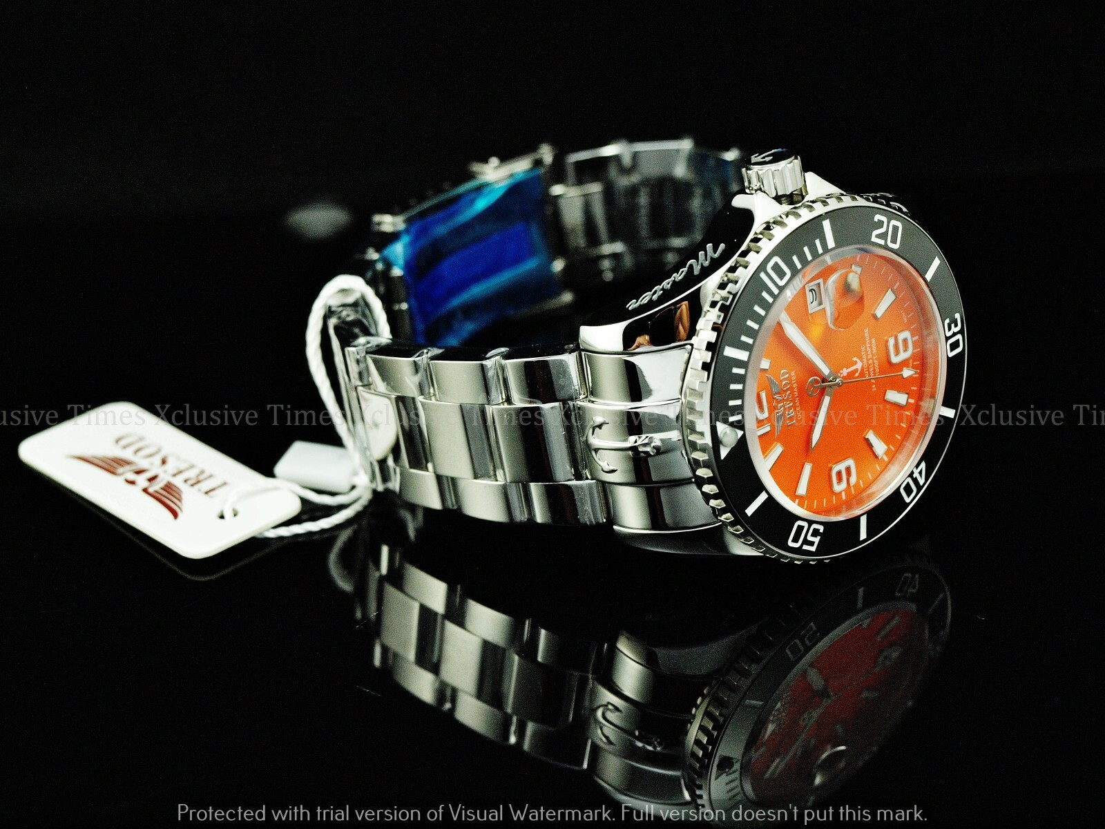 Pre-owned Tresod Men Superlume Ocean Master Auto Orange Dial Sapphire Crystal Ss Watch