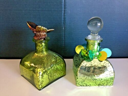 2 Decorative Speckled Glass Bottles With Globe & Butterfly Stopper Square Bottle