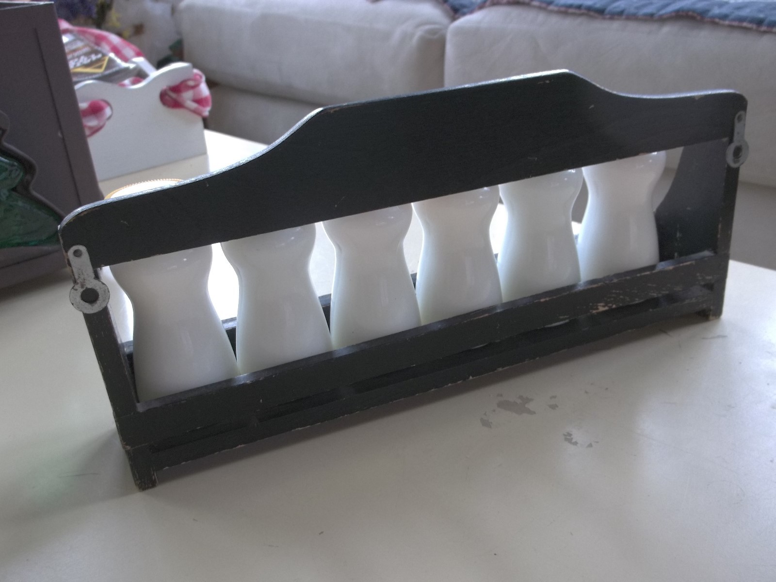 Vintage Glass Bottles with Colorful Tops Distressed Wooden Rack for Spices