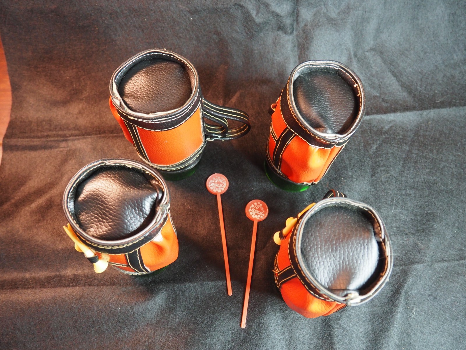 4 Golf Club Bag Shaped Drink Holders / Can Koozies - Black & Red