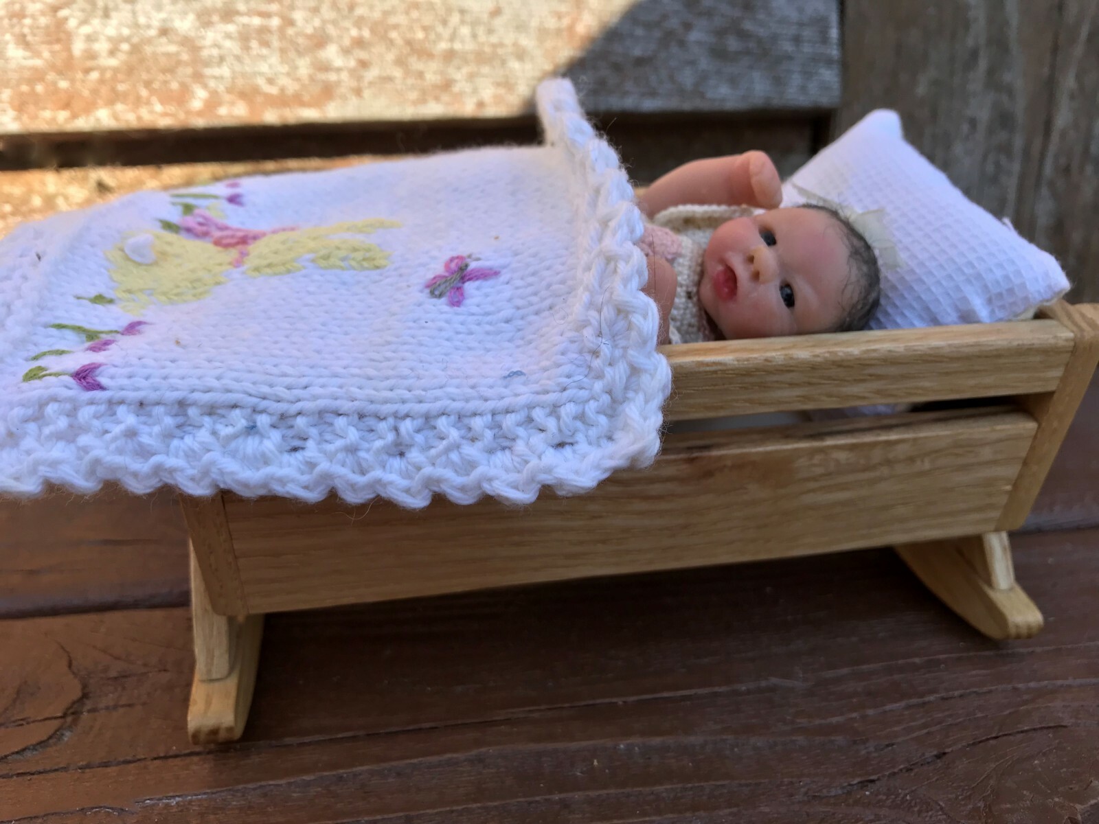 OOAK ARTISAN MADE CERNIT GIRL CROCHETED OUTFIT BUNNY BLANKET + ARTISAN CRIB COA