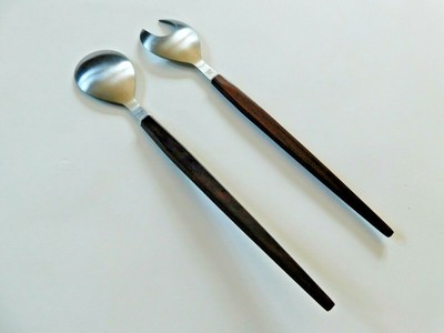 Mid Century Danish style SALAD serving fork & spoon - Stainless & wood - Japan