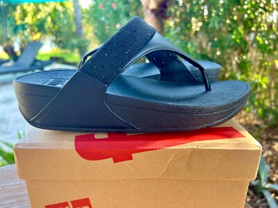 NEW IN BOX! Fitflop Lulu Opul Black Leather Toe Post Flip Flop Sandals SZ 8