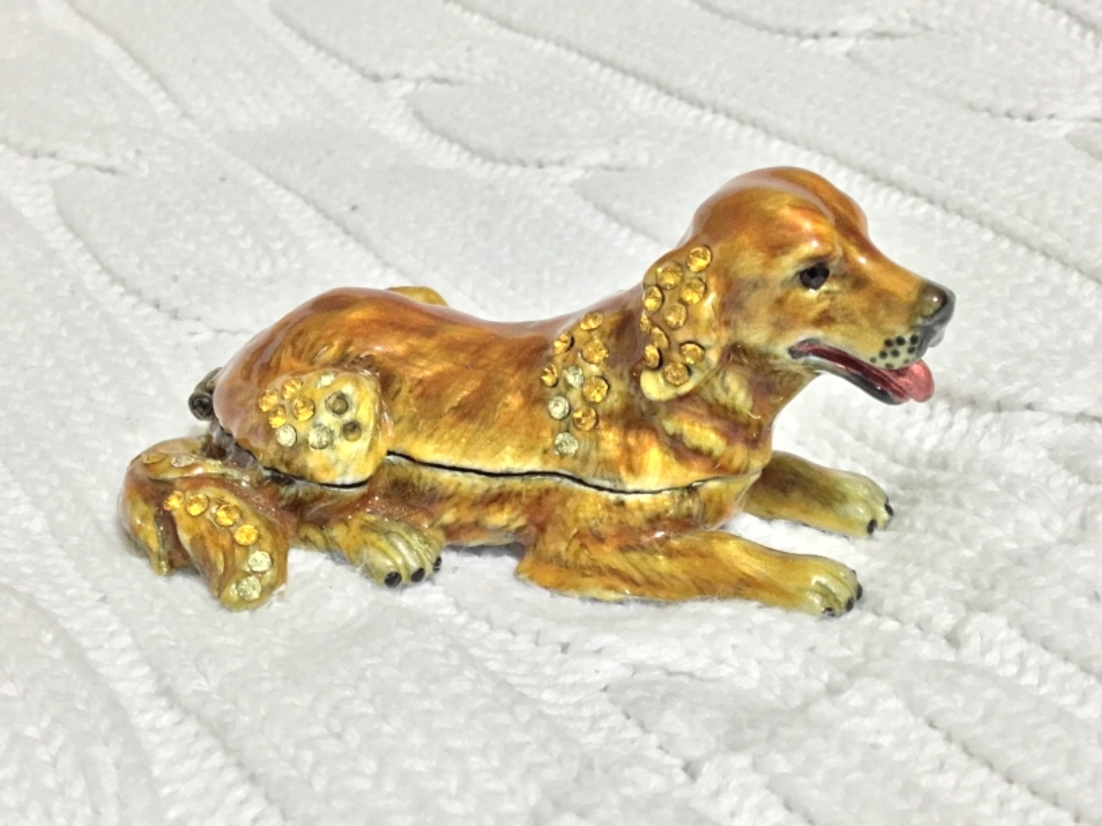 (AS IS) WELFORTH ENAMEL PEWTER & JEWEL DOG HINGED TRINKET BOX (1.25” X  2.75”)