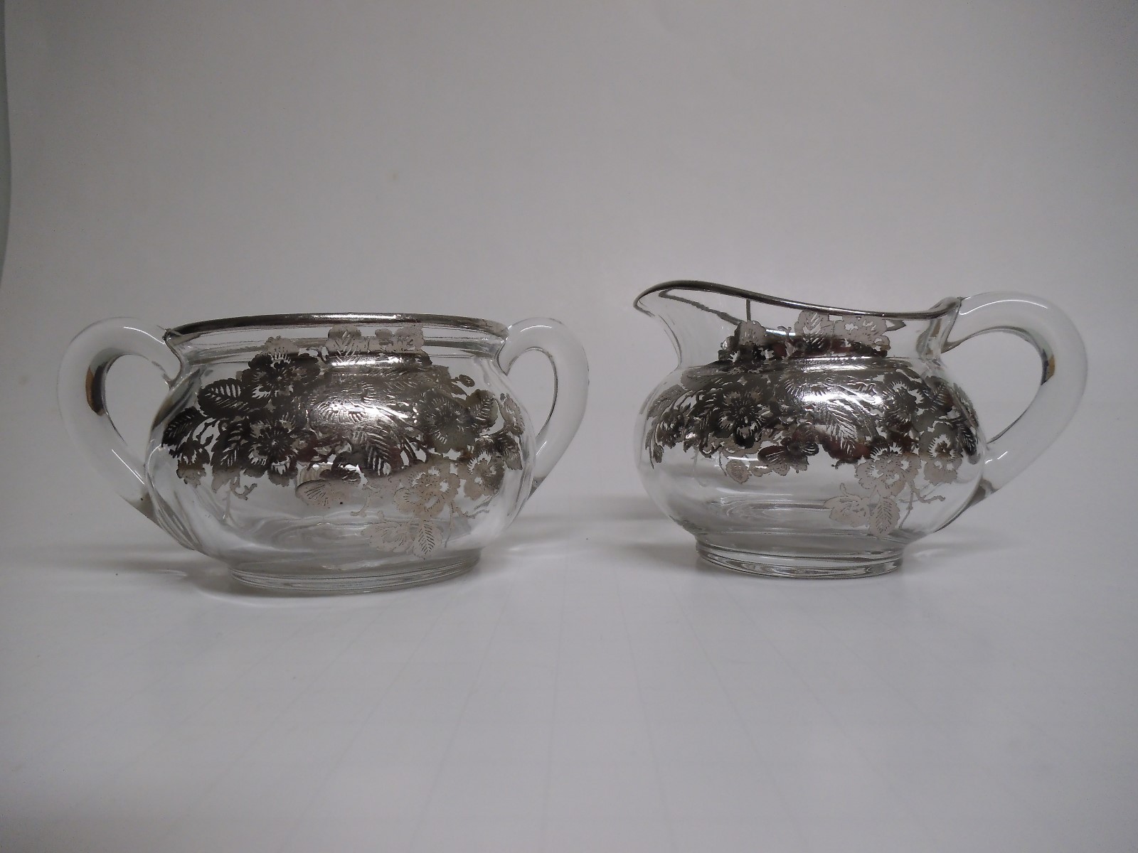 Vintage Heisey Glass, Creamer & Sugar Bowls, Silver Overlay, Collectible Glass