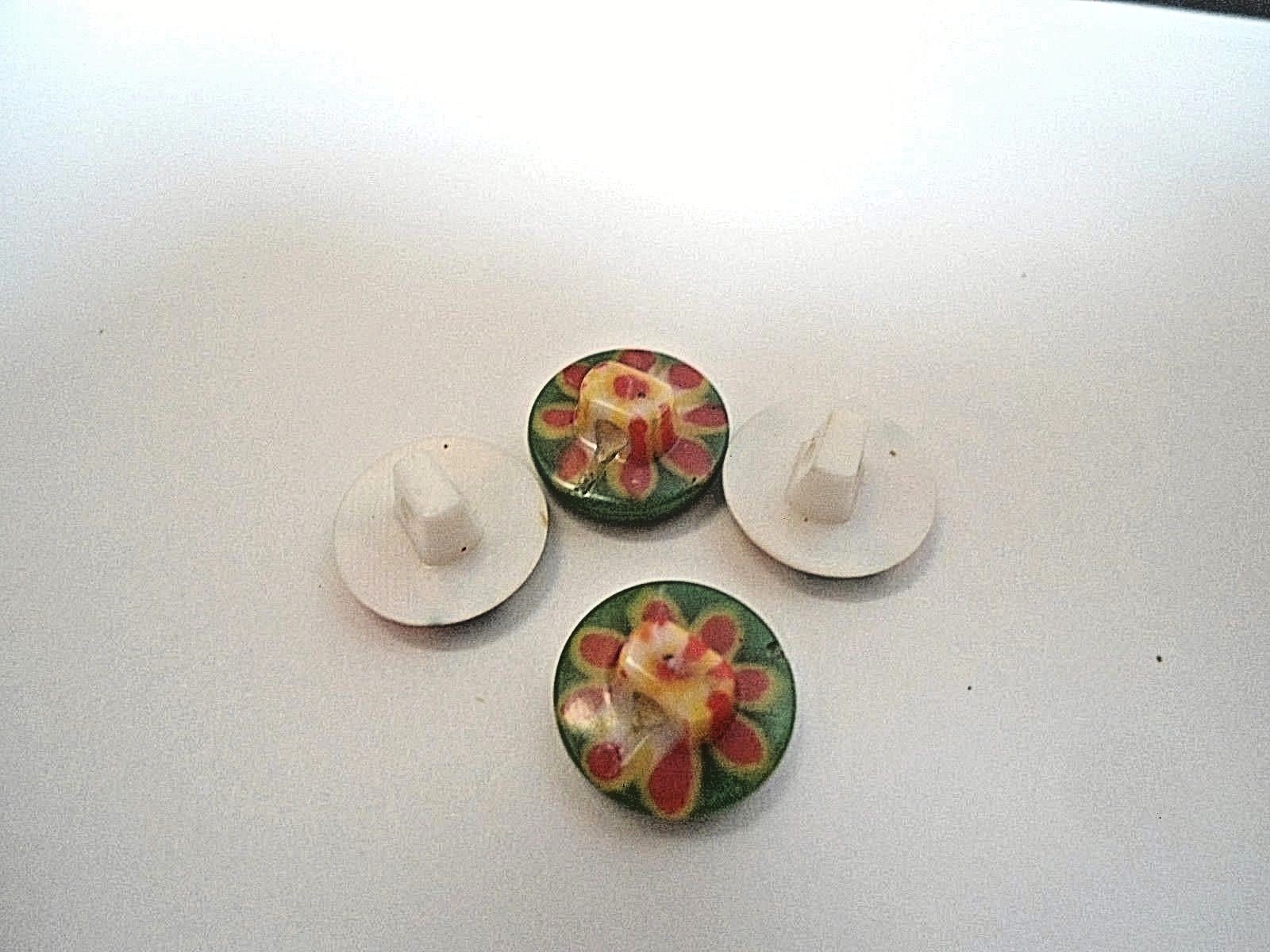4 Round Plastic Buttons with Flowers 2 White with Roses 2 Red Green Flower 1/2
