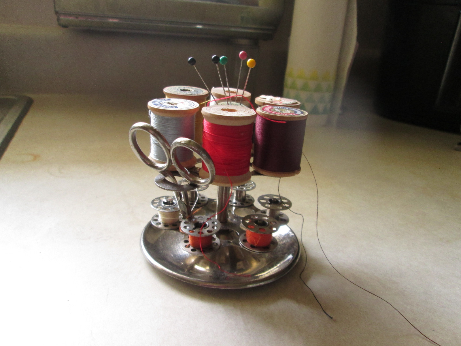 Vintage 2 tier Metal Thread Spool, Bobbin, Scissor, Thimble,Pin cushion Holder
